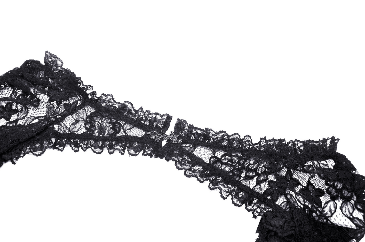 Detailed view of a gothic black lace bolero showcasing intricate lace patterns and elegant designs.