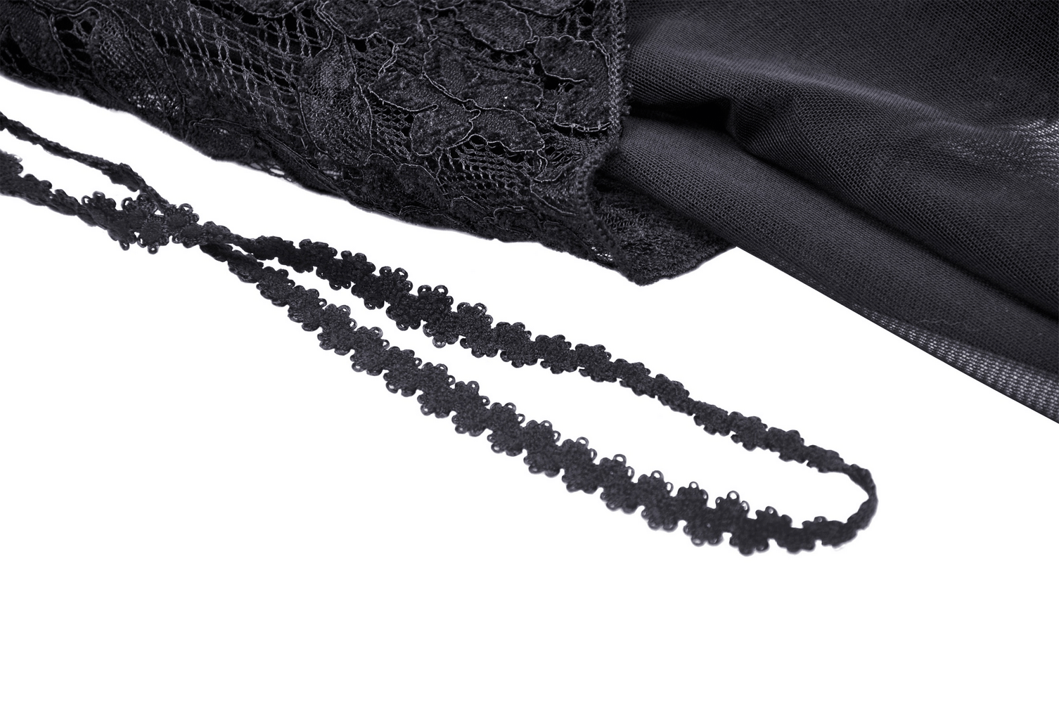 Close-up of intricate black lace fabric and delicate lace trim, perfect for a gothic off-the-shoulder bolero.