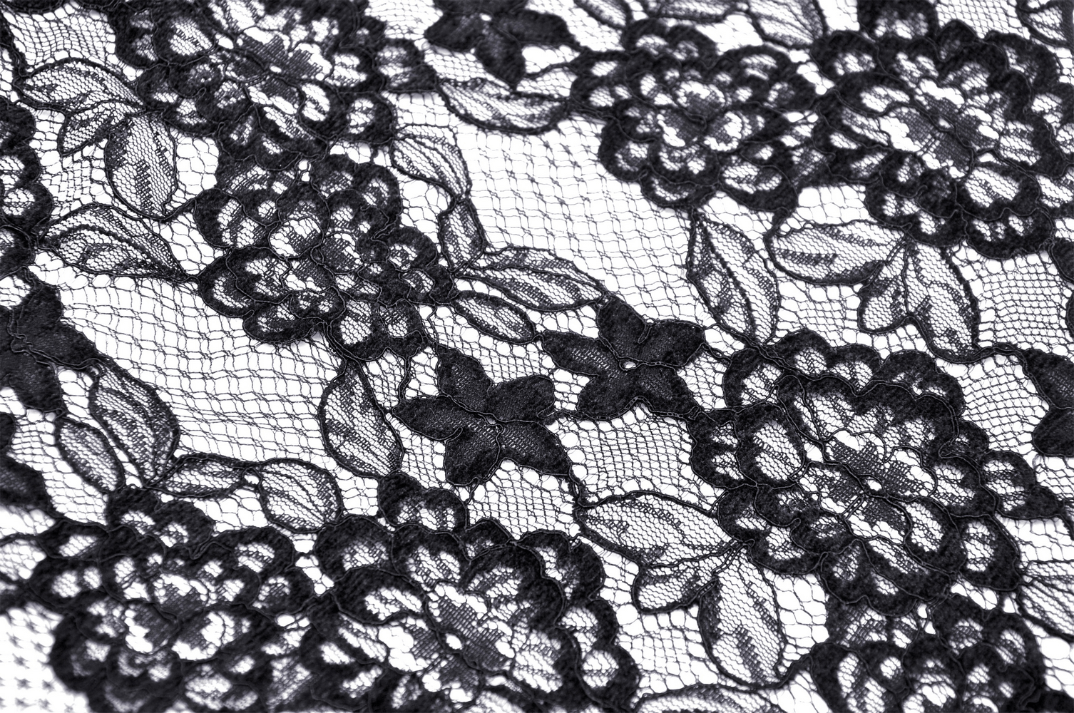 Intricate black lace fabric featuring floral patterns, perfect for gothic fashion and elegant designs.