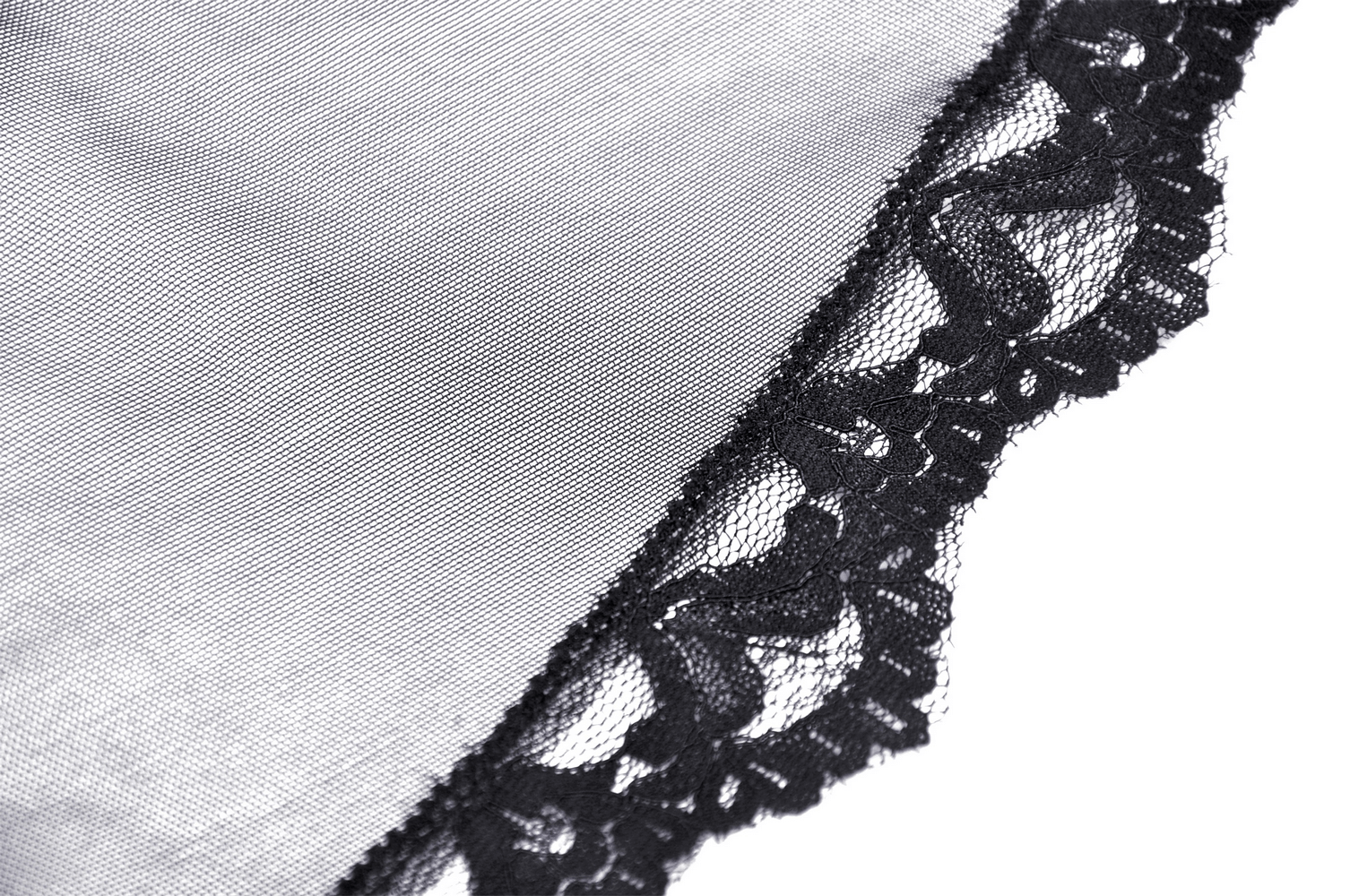 Close-up of intricate black lace detail, perfect for gothic fashion and off-the-shoulder designs.