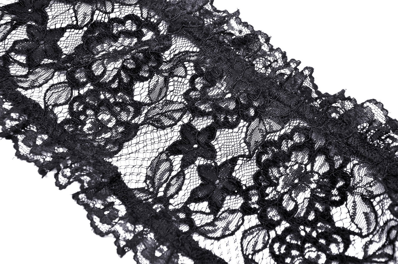 Elegant black lace fabric with intricate floral detailing, perfect for gothic fashion and stylish bolero designs.