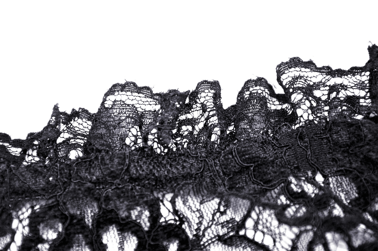 Close-up of intricate black lace, showcasing delicate patterns ideal for gothic fashion and off-the-shoulder tops.