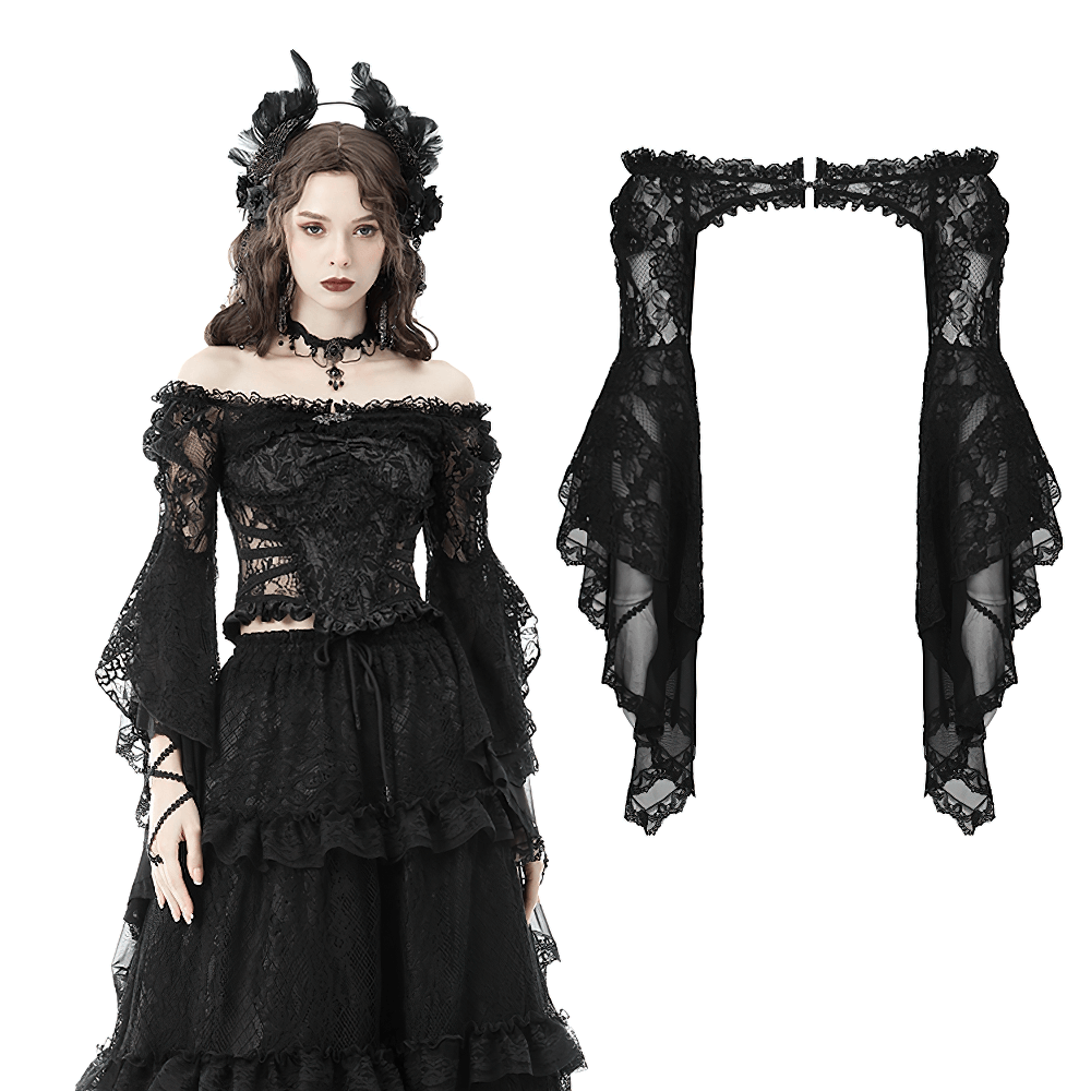 Gothic black lace off-the-shoulder bolero with dramatic bell sleeves, styled on a mannequin.