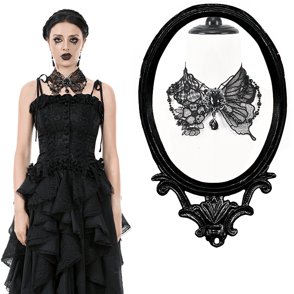 Gothic black lace butterfly choker displayed with model in dark Victorian-inspired attire, perfect for alternative fashion.