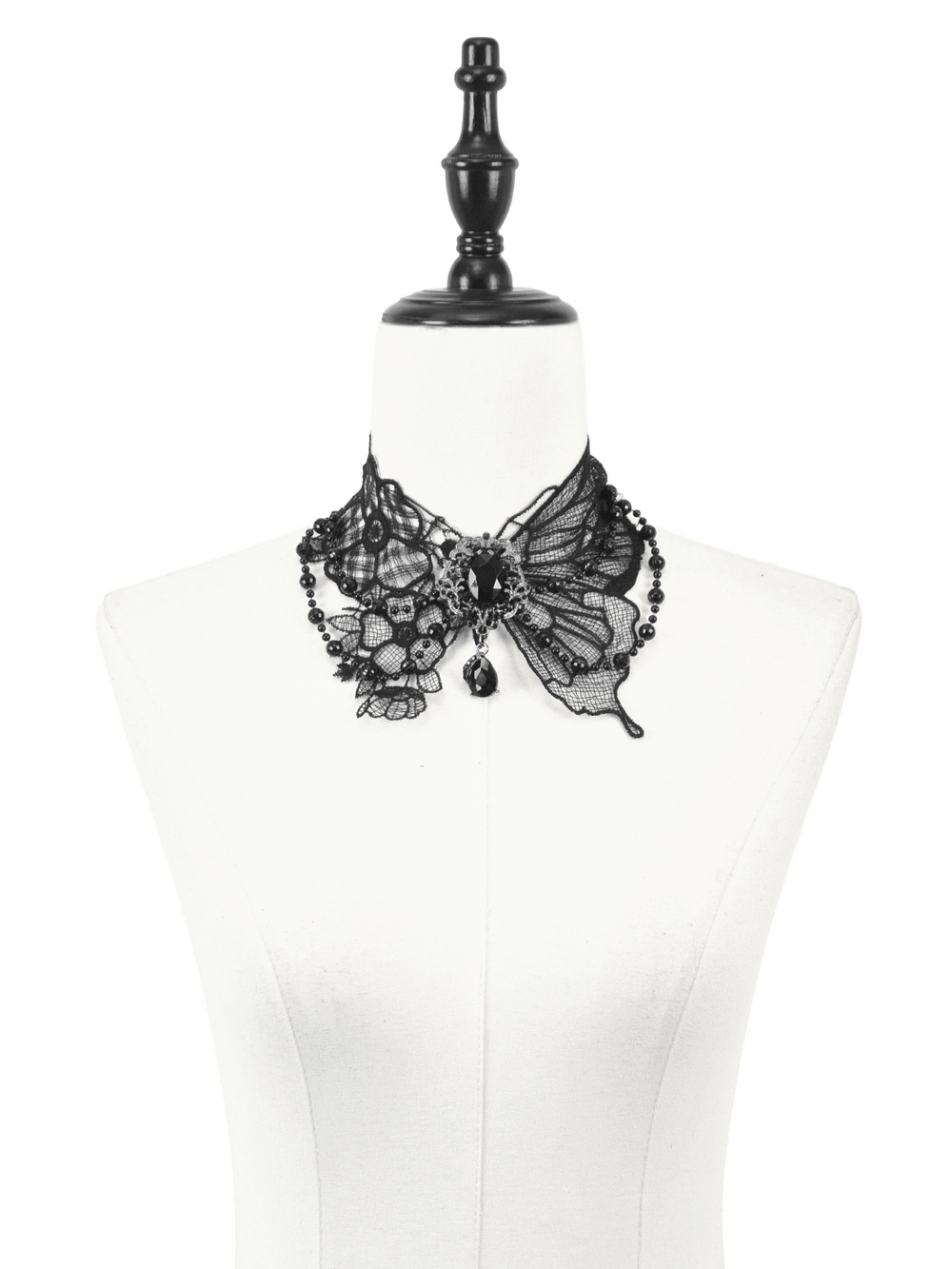 Gothic black lace butterfly choker with jewels and beads, perfect for alternative fashion.