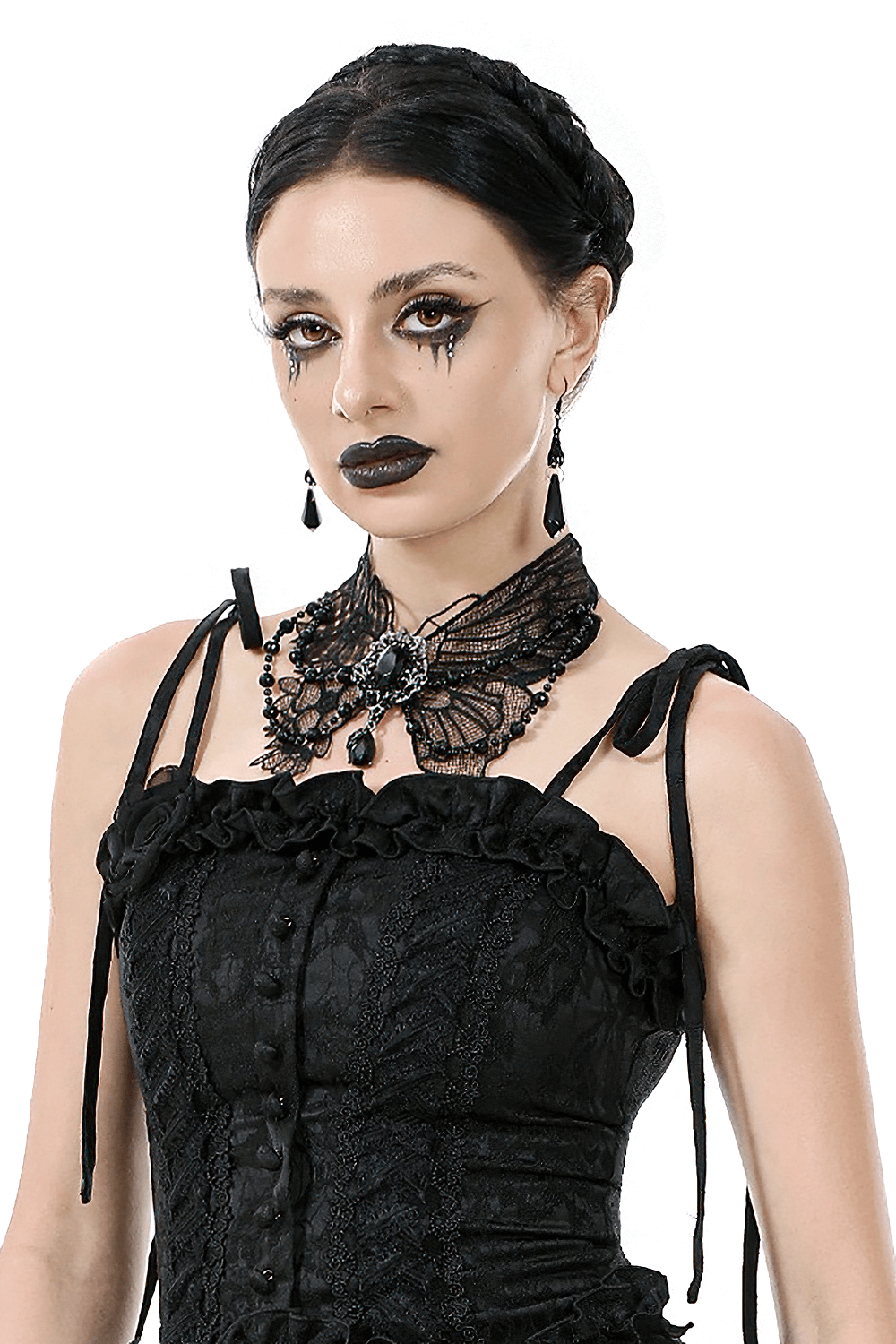 Gothic black lace butterfly choker with jewels worn by model, embodying dark elegance and Victorian charm.