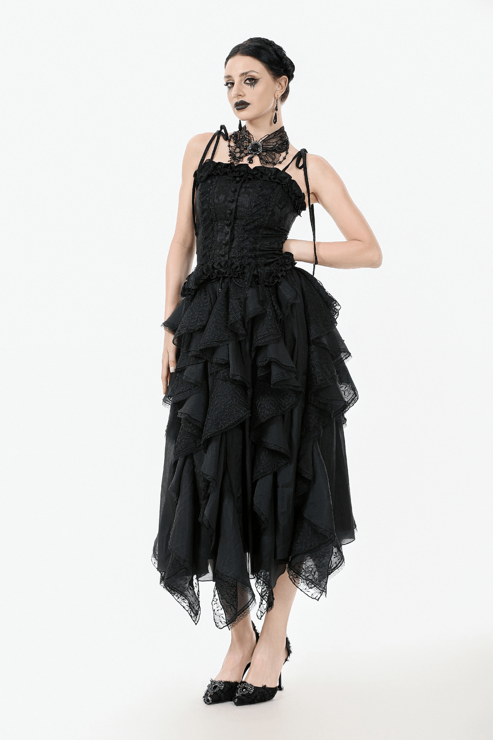 Gothic black lace dress with layered skirt, perfect for alternative fashion lovers showcasing elegance and drama.