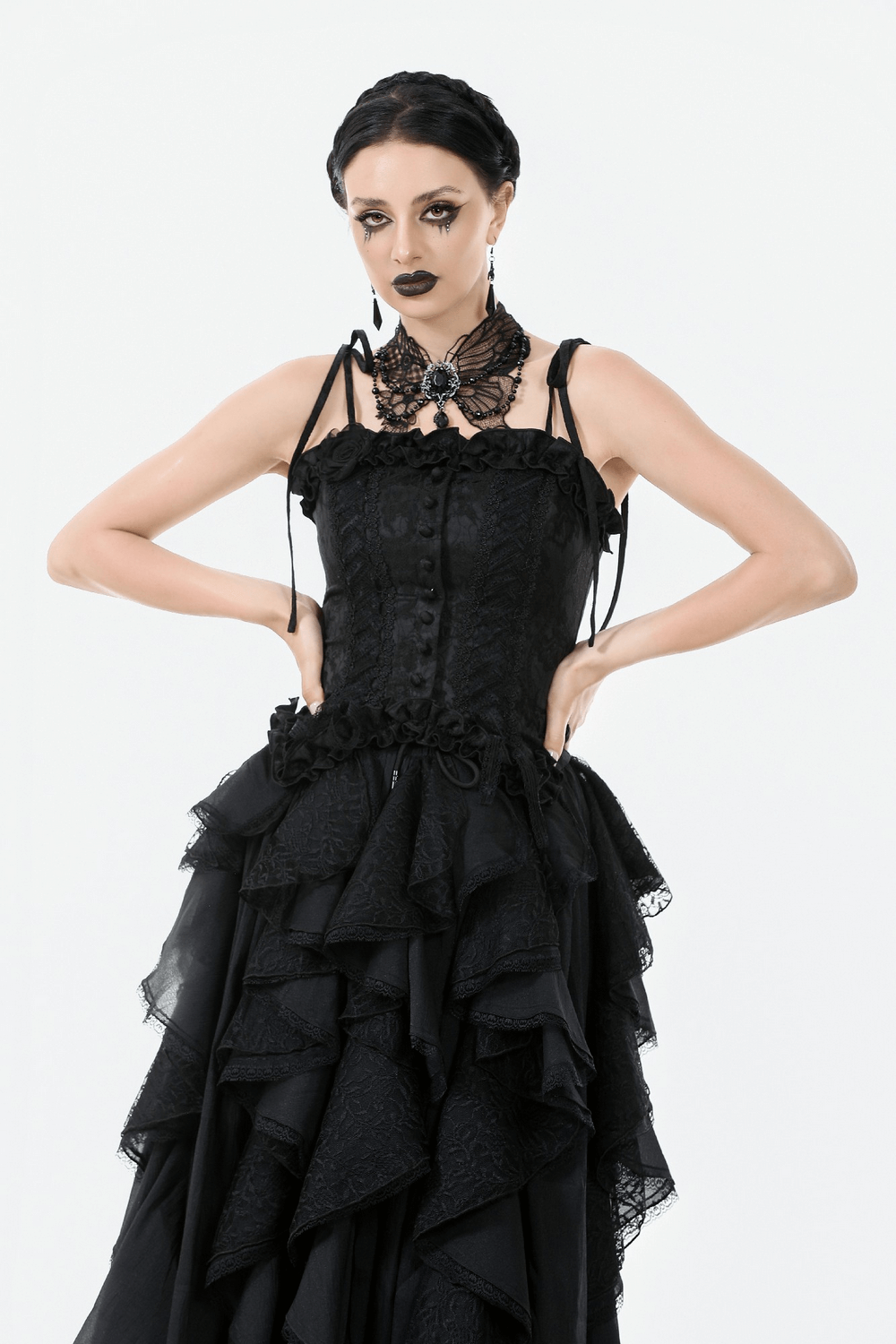 Model wearing a Gothic black lace butterfly choker with a Victorian-style black dress, showcasing dark elegance.