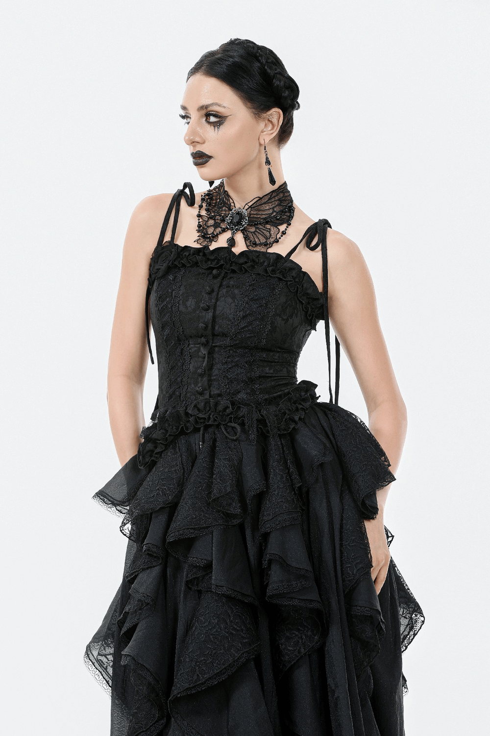 Gothic black lace butterfly choker necklace worn with Victorian-style black dress, showcasing dark elegance.