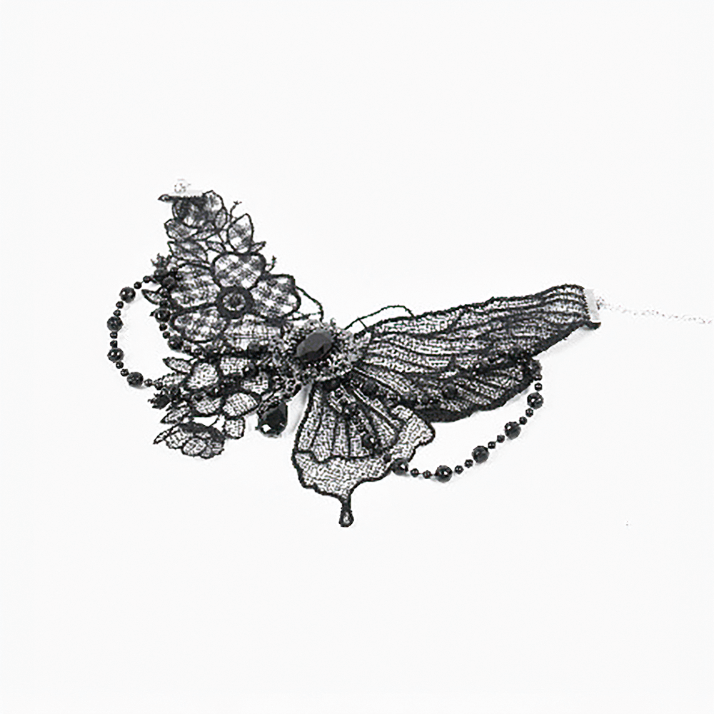 Gothic black lace butterfly choker with sparkling gem and beaded accents, perfect for Victorian-inspired fashion.