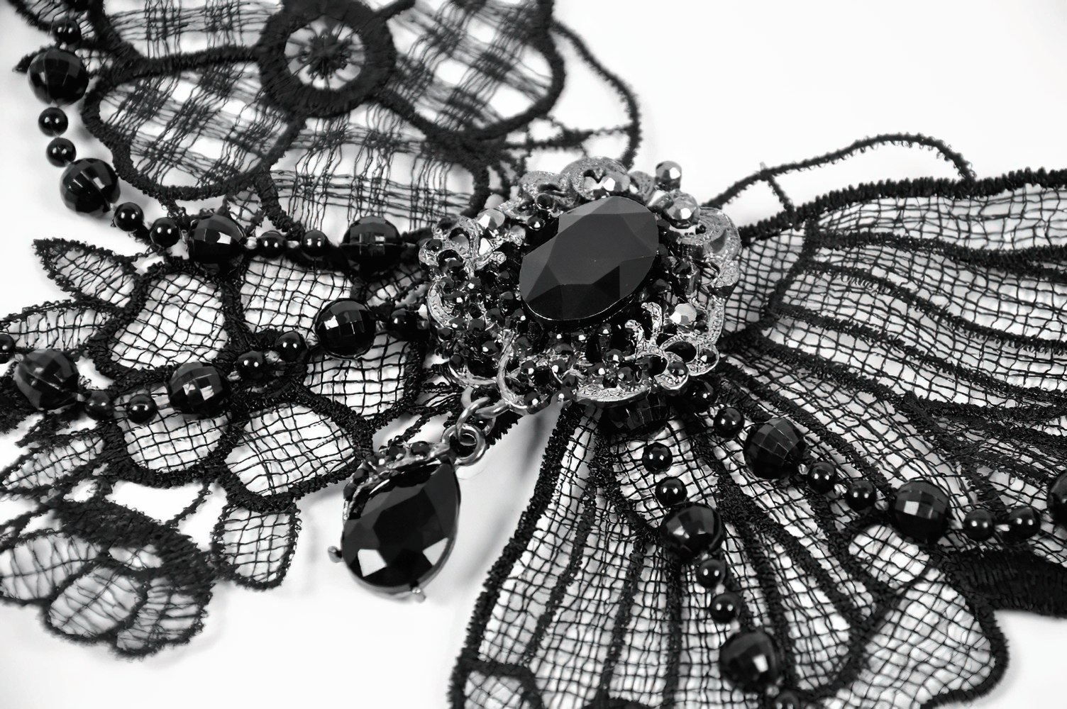 Gothic black lace butterfly choker with intricate details and jewel accents, perfect for alternative fashion.