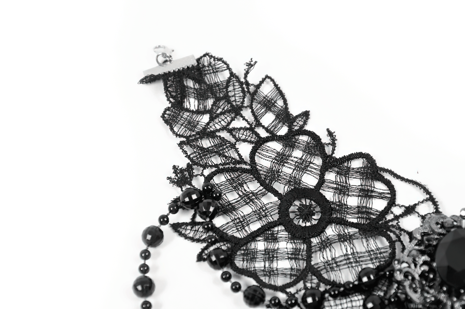 Gothic black lace butterfly choker with intricate floral pattern and beaded accents, perfect for alternative fashion.