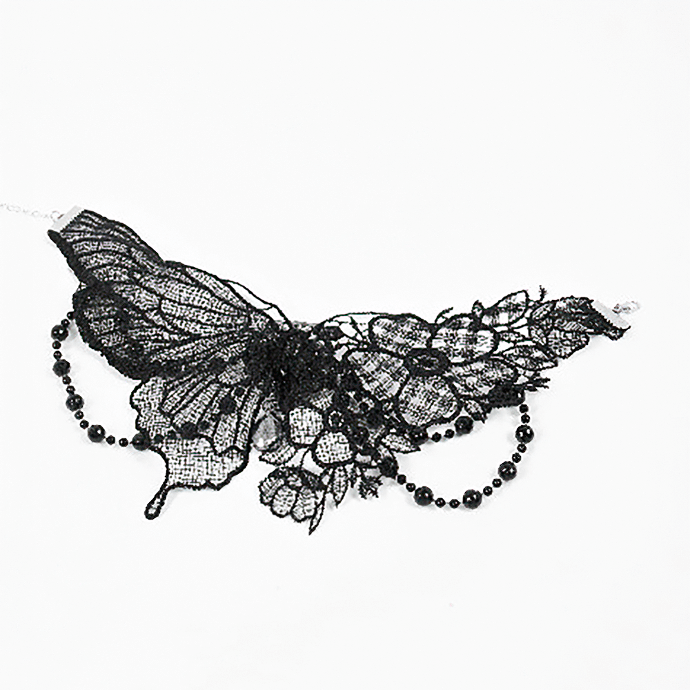 Gothic black lace butterfly choker with beads and jewels, perfect for Victorian and alternative fashion lovers.