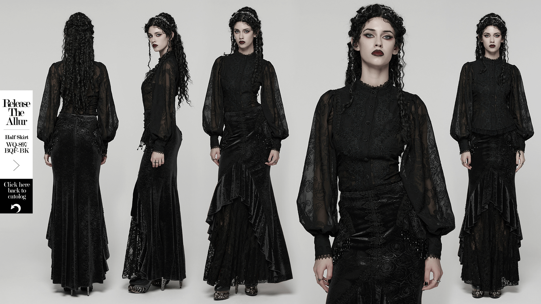Gothic Black Lace Chiffon Blouse with Corset Back worn with elegant skirt, showcasing puffed sleeves and lace details.
