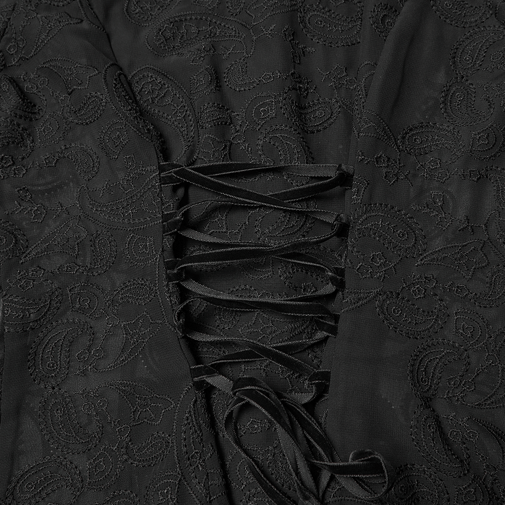 Gothic Black Lace Chiffon Blouse with Corset Back lace up detail and embroidered fabric showcase vintage style.