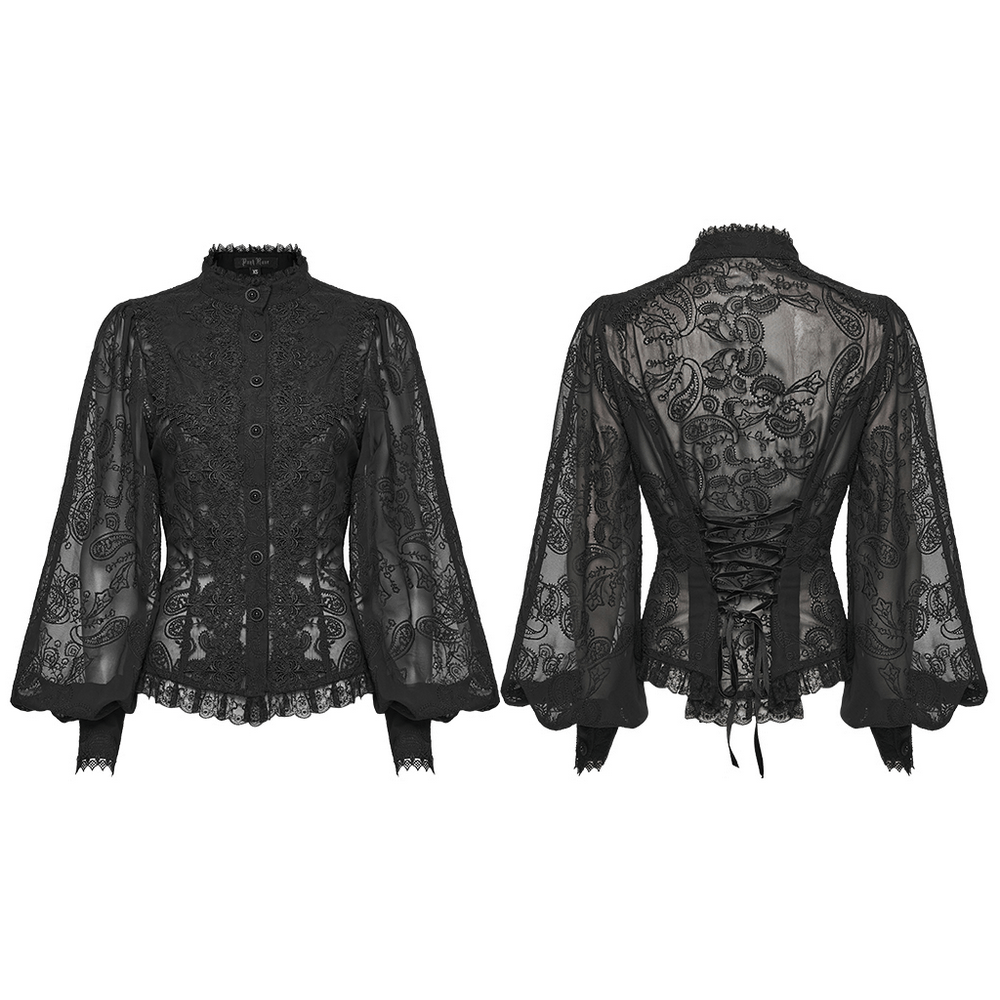 Gothic Black Lace Chiffon Blouse with Corset Back featuring embroidered chiffon and lace patchwork