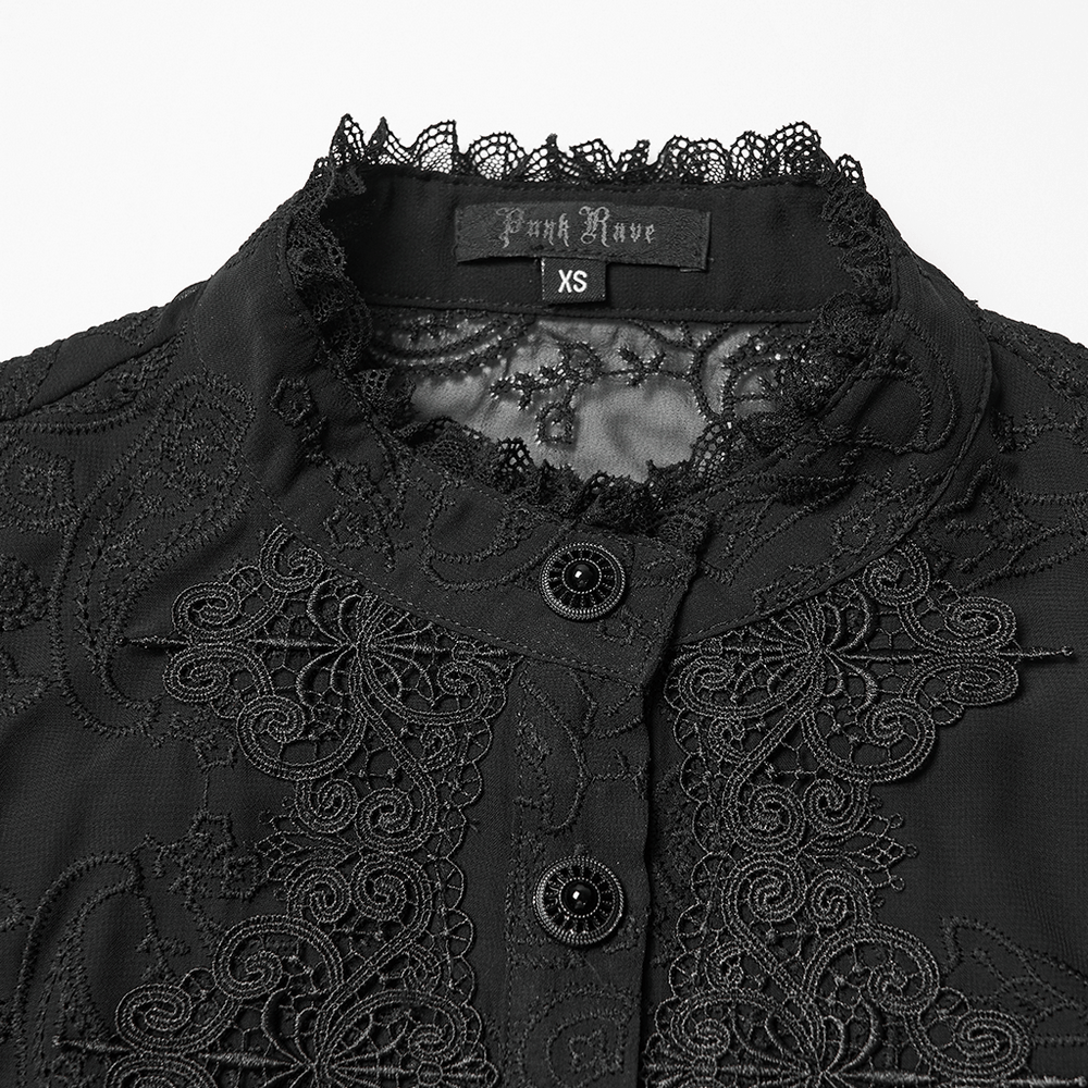 Gothic Black Lace Chiffon Blouse with Corset Back featuring embroidered patchwork and buttoned collar.