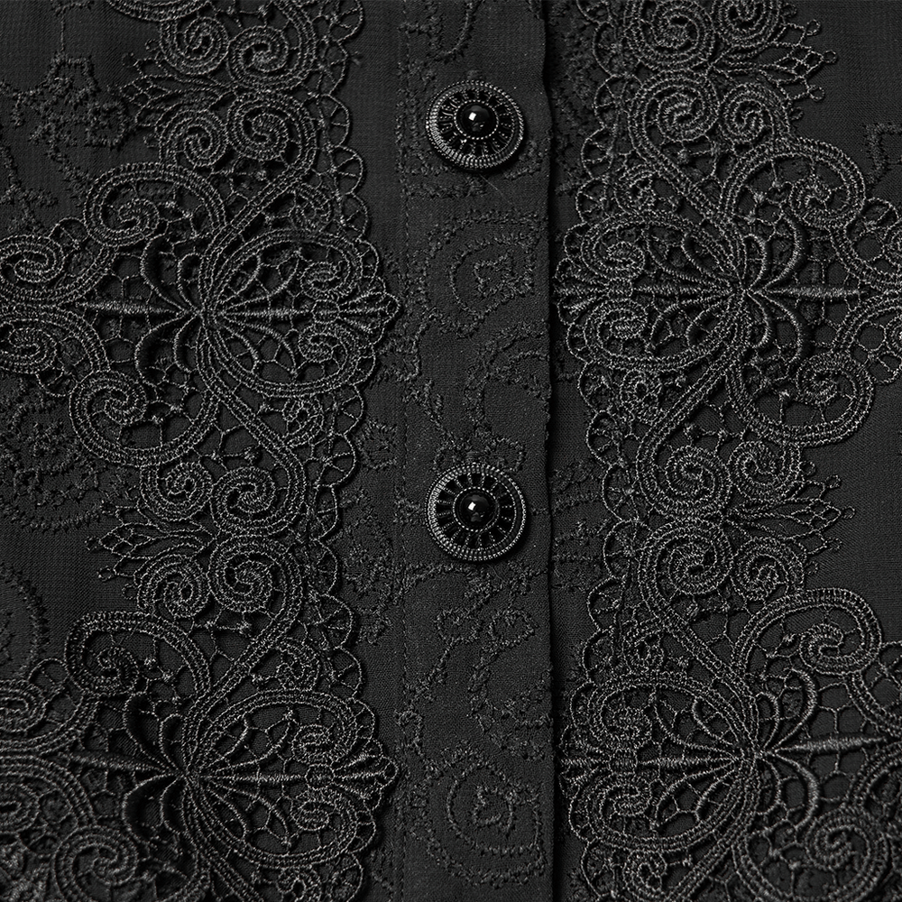 Gothic Black Lace Chiffon Blouse with Corset Back featuring intricate lace embroidery and button details.