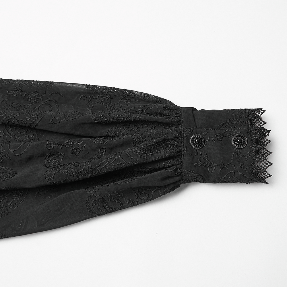 Gothic Black Lace Chiffon Blouse with Corset Back sleeve detail featuring lace and buttons.