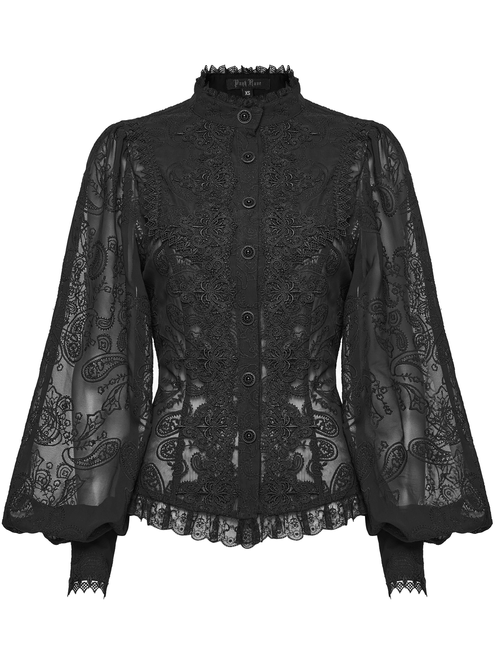 Gothic Black Lace Chiffon Blouse with Corset Back featuring embroidered chiffon and lace patchwork.