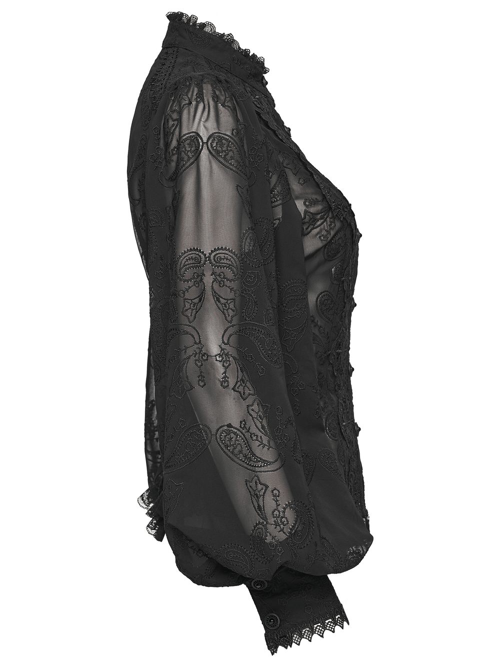 Gothic Black Lace Chiffon Blouse with Corset Back showcasing sheer embroidered design and lace detailing.
