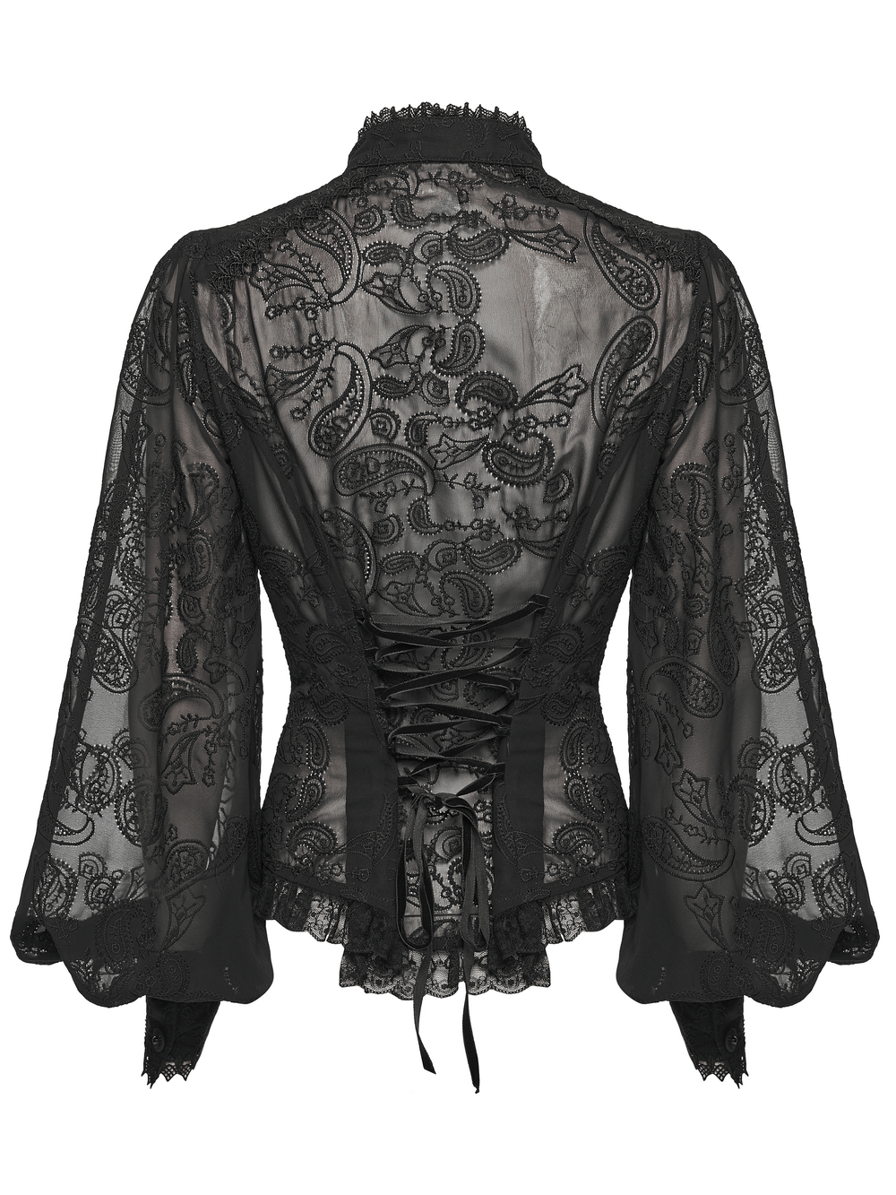 Gothic Black Lace Chiffon Blouse with Corset Back showcasing detailed lacework and dramatic puffed sleeves.
