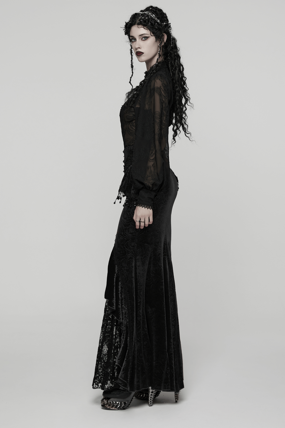 Gothic Black Lace Chiffon Blouse with Corset Back displayed elegantly on a model with dramatic fashion.