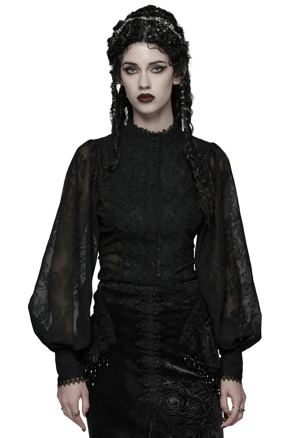 Gothic Black Lace Chiffon Blouse with Corset Back worn by model with braided hair and dramatic makeup