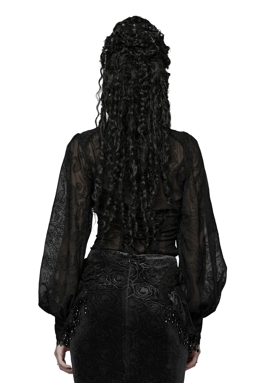 Gothic Black Lace Chiffon Blouse with Corset Back showcases the intricate lace and elegant embroidery from the back.