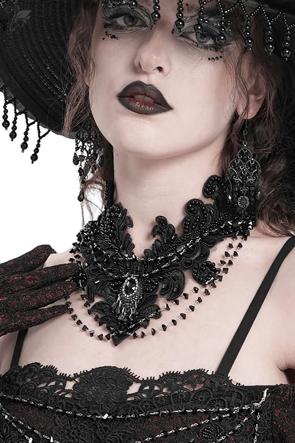 Gothic black lace choker necklace with intricate beaded chains and a stunning black gem pendant.