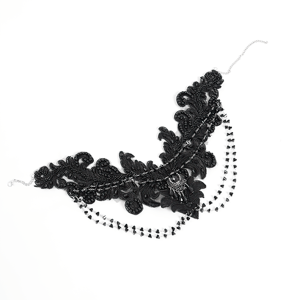 Gothic black lace choker necklace with beaded chains and black gem pendant for a striking Victorian look.