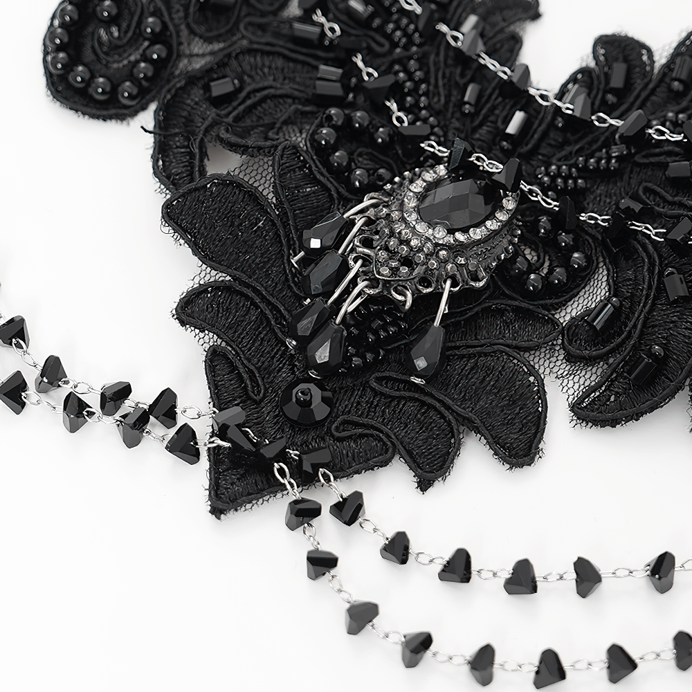 Gothic black lace choker necklace with beaded chains and a stunning black gem pendant.