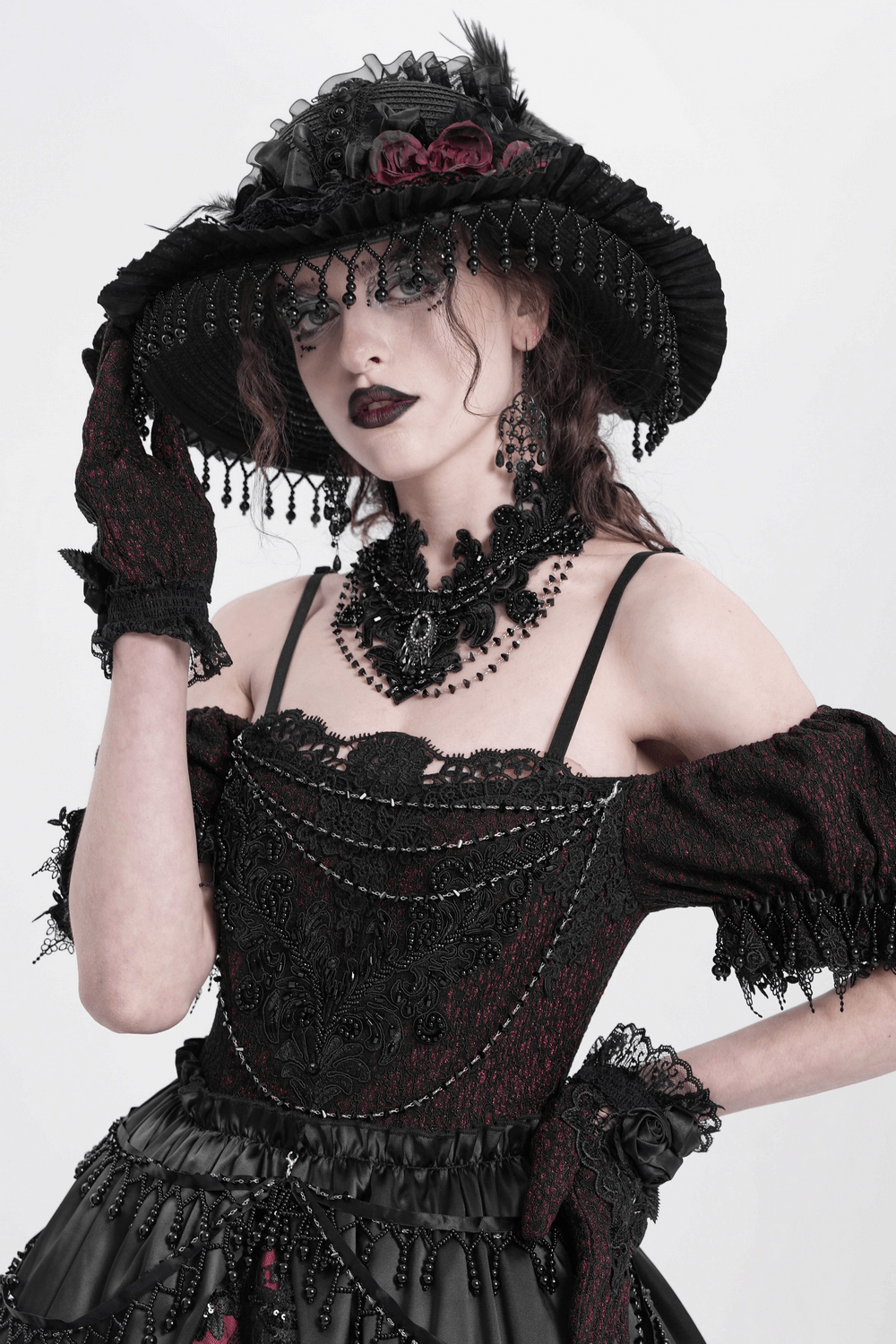 Woman in gothic attire wearing a black lace choker necklace and hat, embodying dark Victorian elegance.