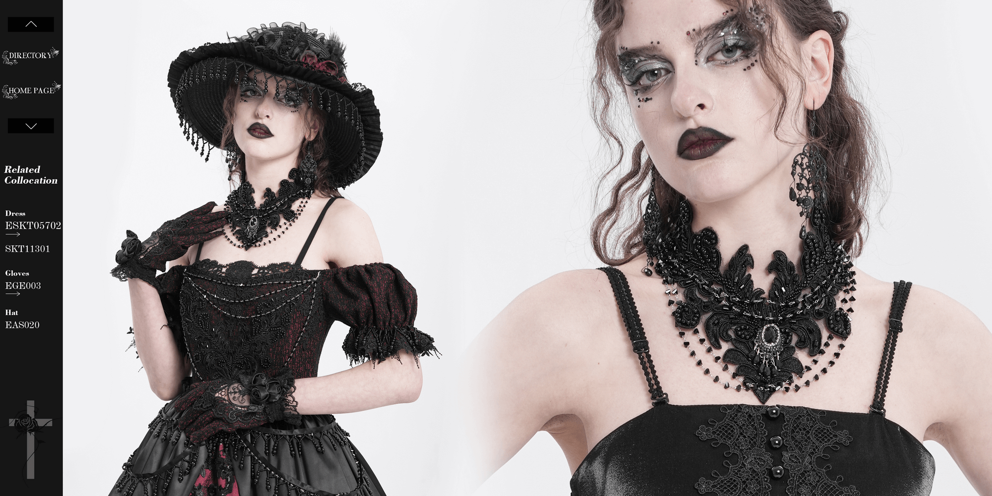 Gothic beauty in embroidered black lace choker necklace and dramatic hat, showcasing regal dark fashion.