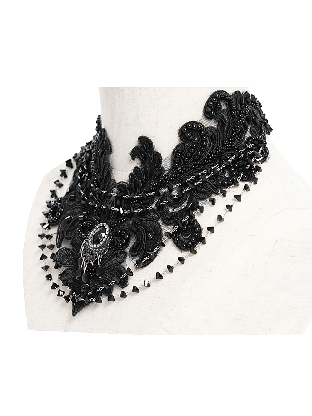 Gothic black lace choker necklace featuring embroidered design and beaded chains, perfect for elegant dark style.