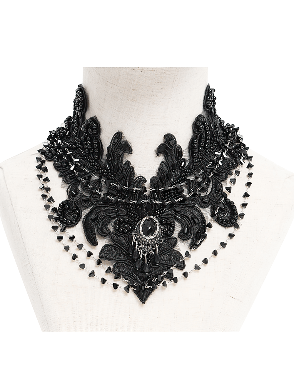 Gothic black lace choker necklace with beaded chains and central black gem pendant for Victorian style.
