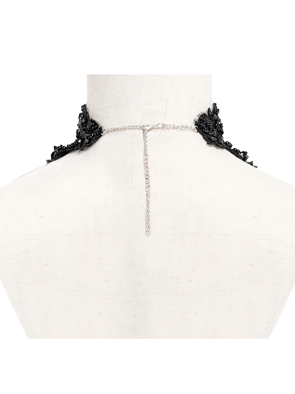 Back view of a Gothic black lace choker necklace with intricate embroidery and an adjustable chain.