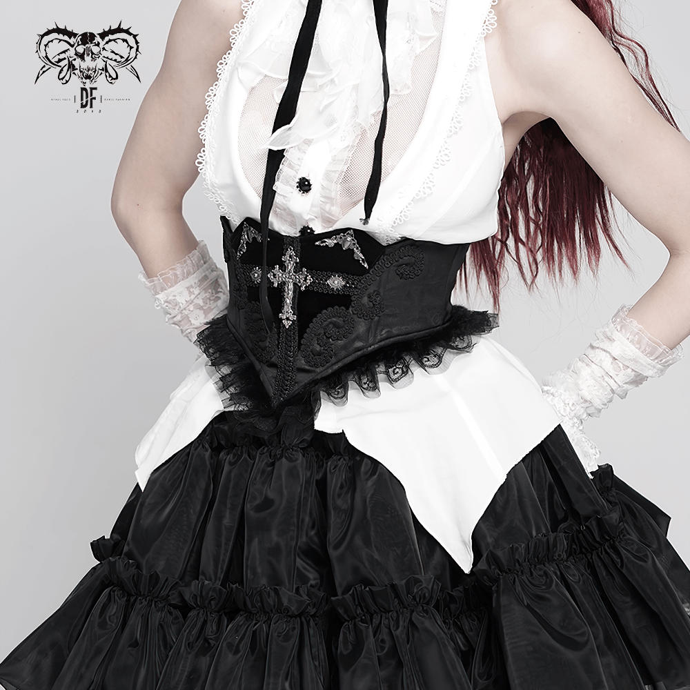 Gothic black lace corset belt with cross embroidery, enhancing a stylish Victorian gothic outfit.