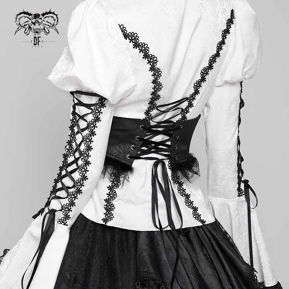 Gothic white blouse with intricate black lace corset and ribbon detailing, perfect for Victorian-inspired fashion.