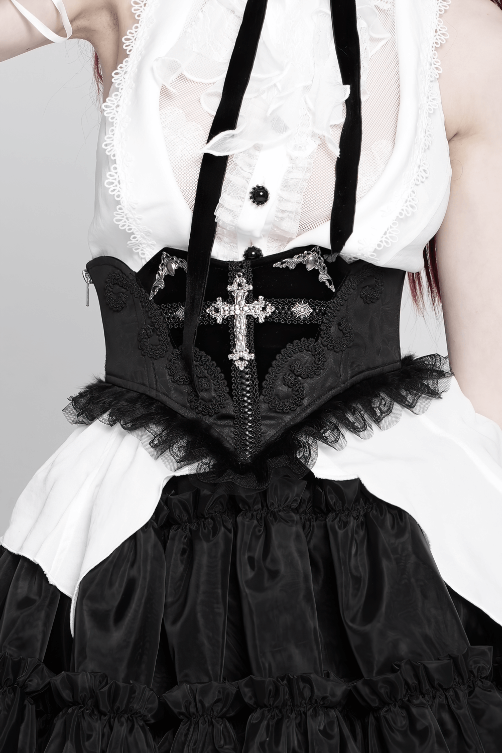 Gothic black lace corset belt featuring cross embroidery, elegant lacing, and ruffled trim for a stunning gothic look.