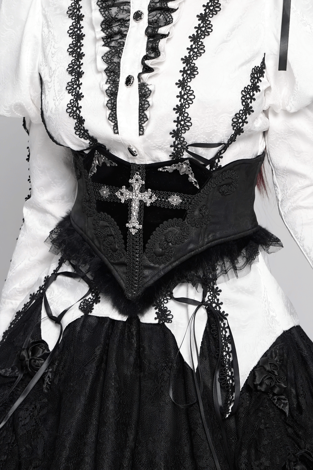 Elegant gothic black lace corset belt with cross embroidery, perfect for Victorian-inspired outfits.