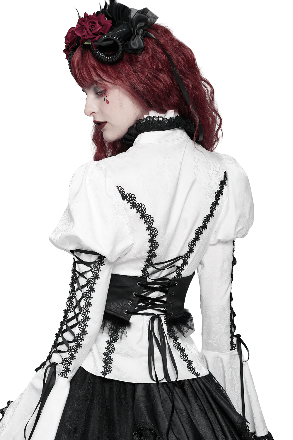Back view of a model in a gothic white blouse with intricate lace detailing and corset lacing, showcasing elegance and dark style.