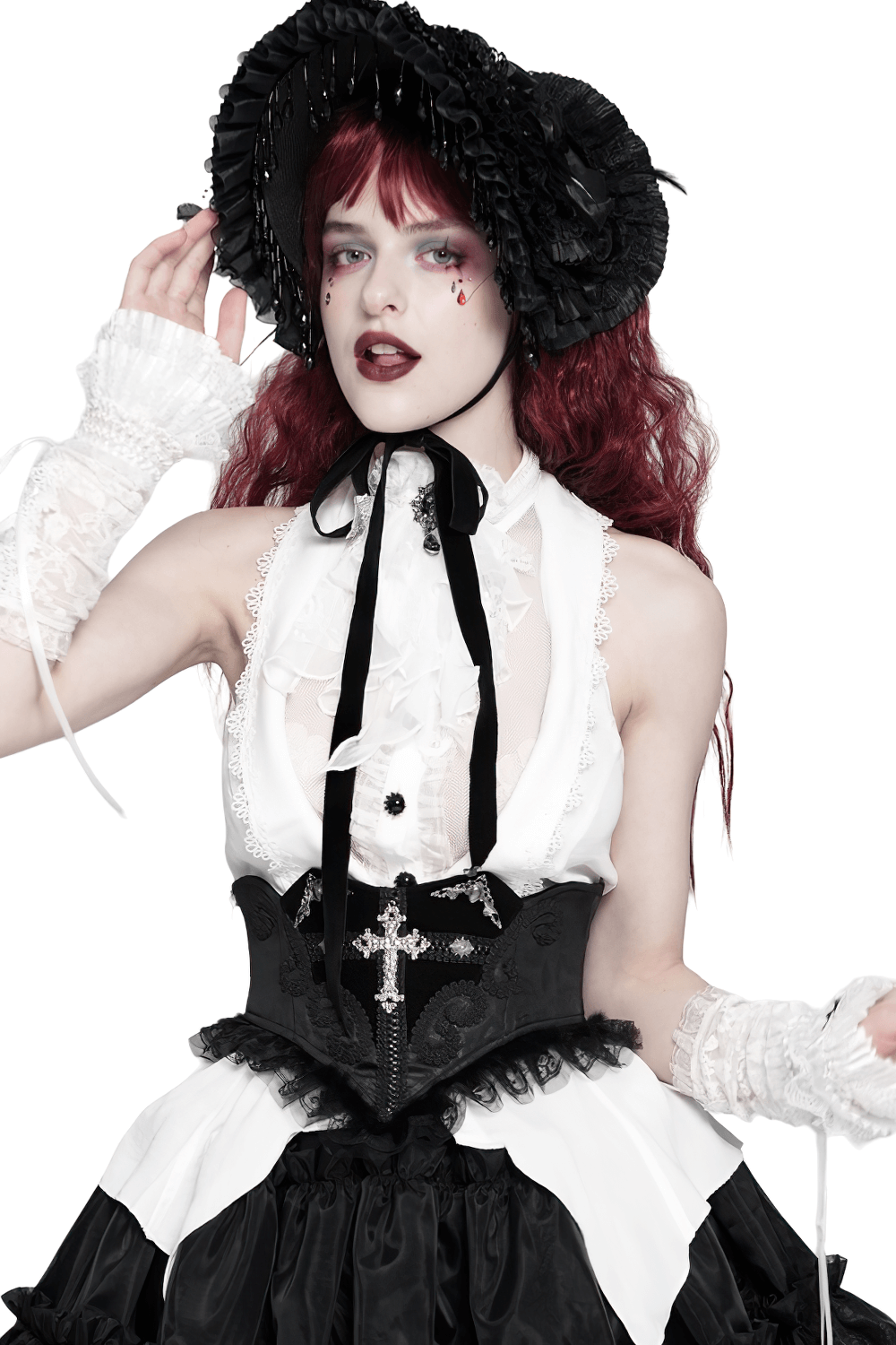 Gothic model showcasing a black lace corset belt with cross embroidery and elegant Victorian fashion details.