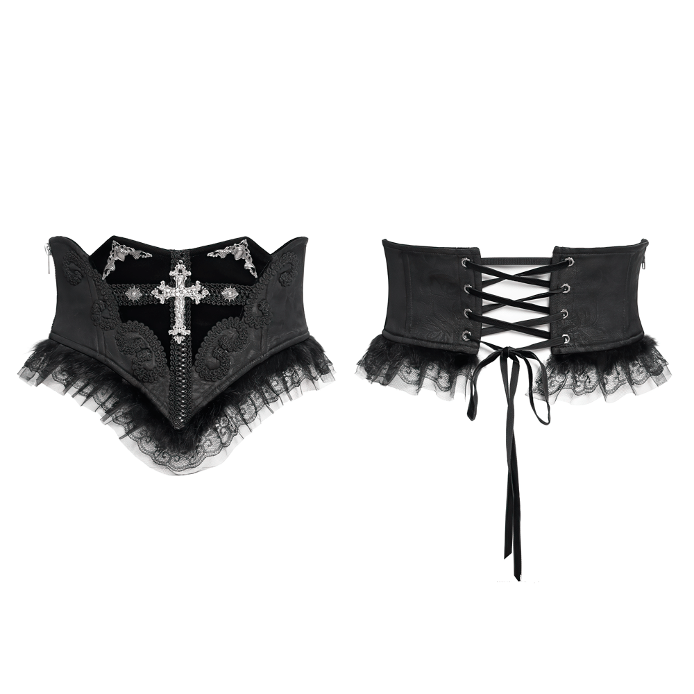 Gothic black lace corset belt with cross embroidery and lace trim, showcasing adjustable back lacing and chic design.