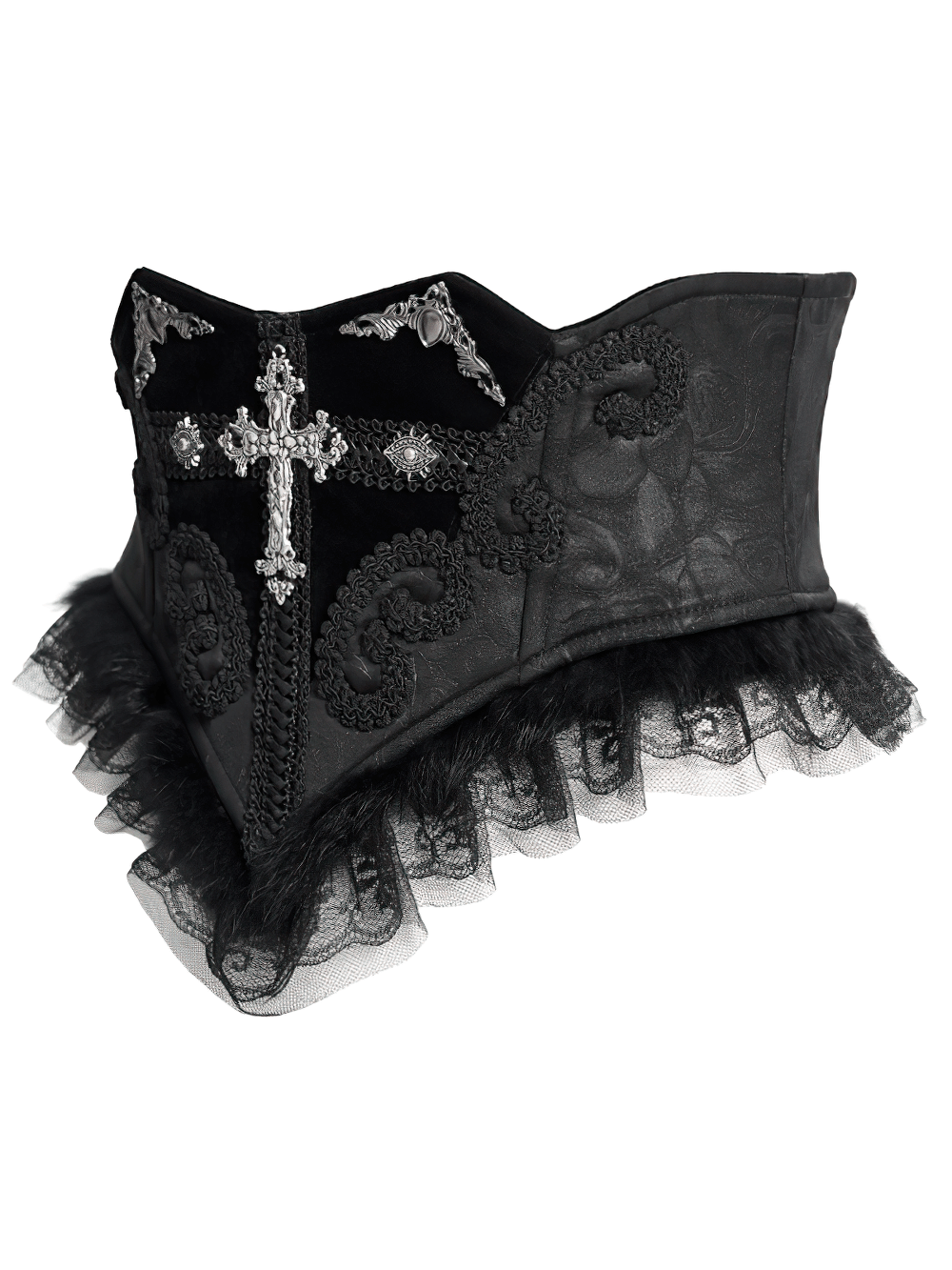 Gothic black lace corset belt featuring cross embroidery and delicate lace trim, perfect for dark fashion styles.