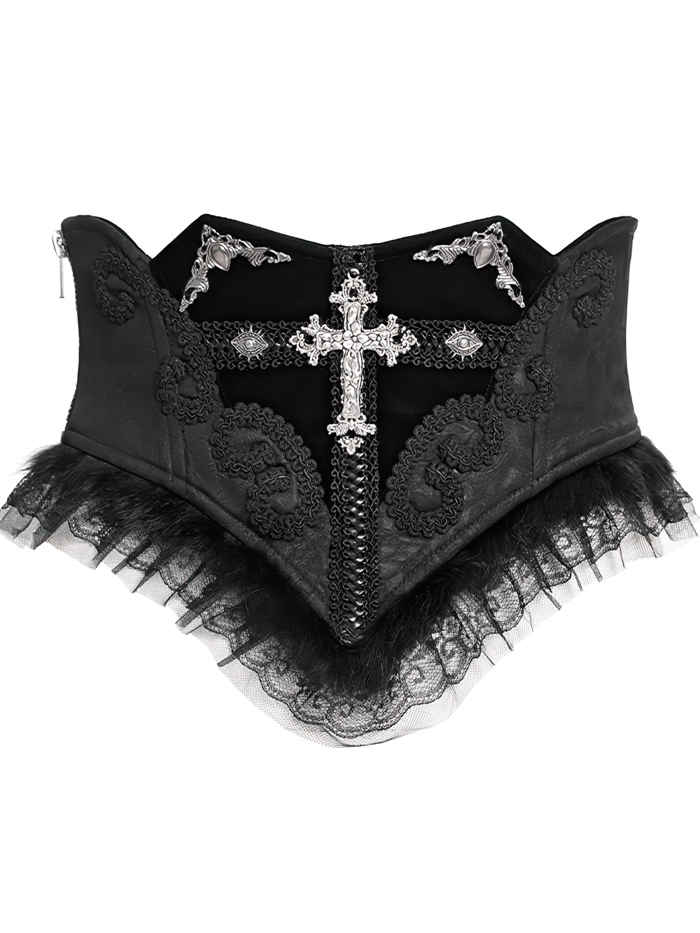 Gothic black lace corset belt with cross embroidery, lace trim, and adjustable back lacing for a perfect fit.