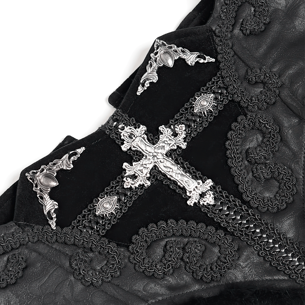 Close-up of ornate cross embroidery on Gothic black lace corset belt, showcasing intricate design and detailing.