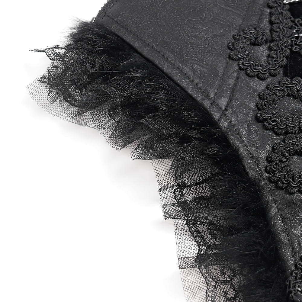 Close-up of gothic black lace corset belt featuring delicate lace trim and ornate embellishments.