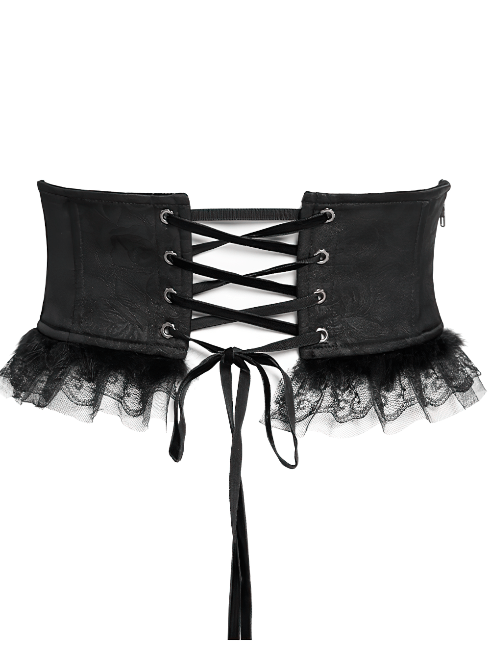 Gothic black lace corset belt with cross embroidery and lace trim, featuring back lacing and front zipper.