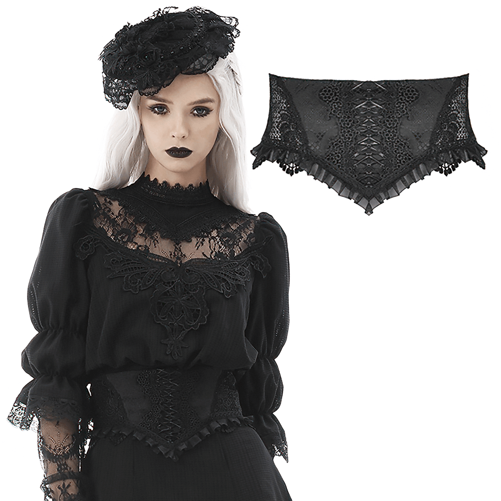 Gothic black lace corset belt with ribbon lacing and ruffle trim, perfect for Victorian or steampunk outfits.